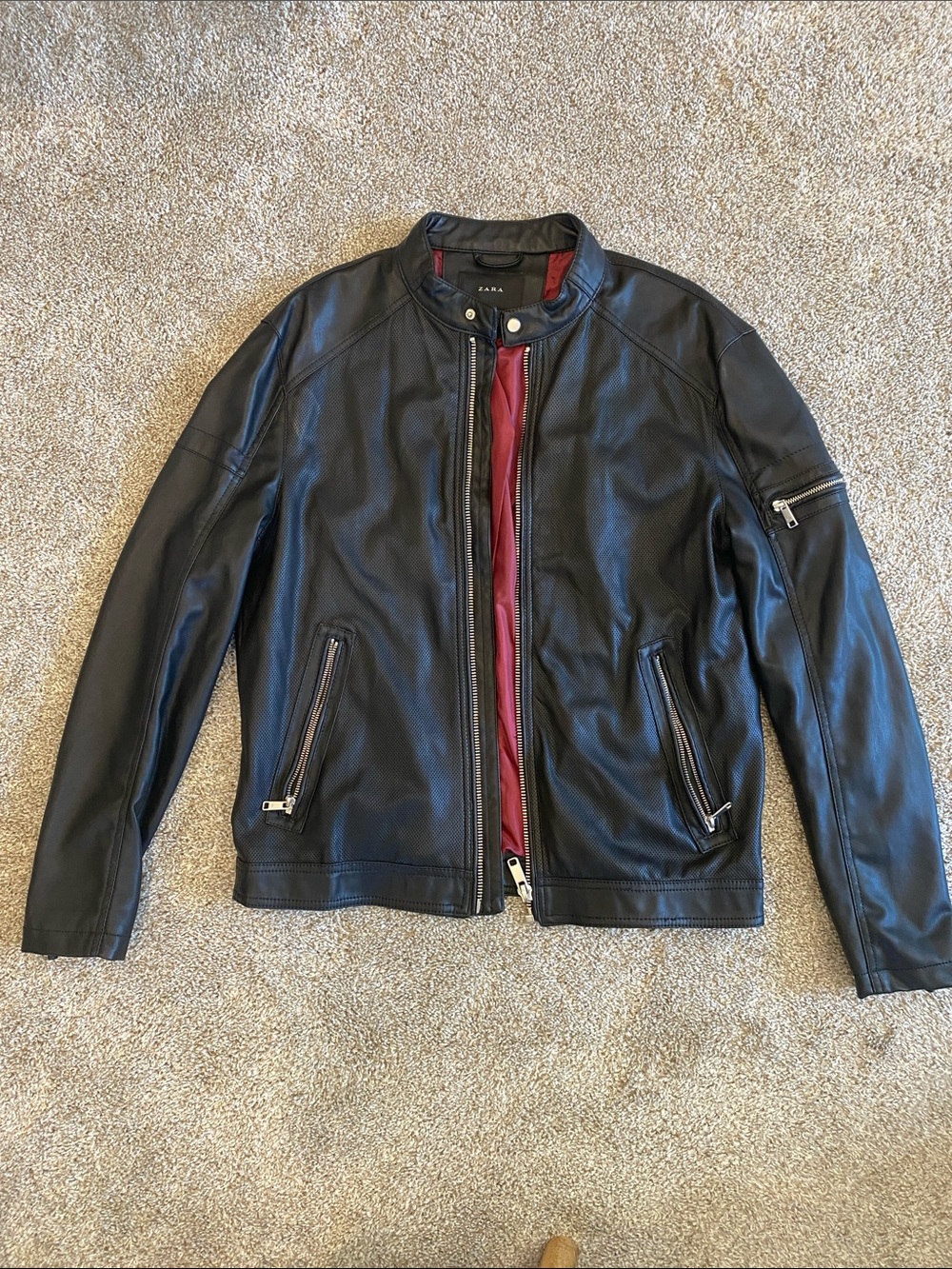 Zara Black Faux Leather Men’s Bomber Jacket with Red Lining